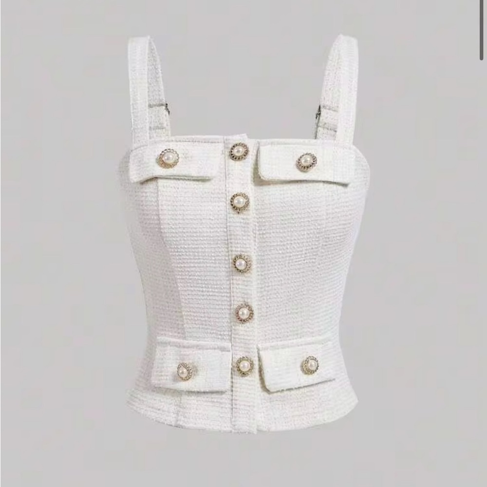 SHEIN White Tweed Pearl-Button Square Neck Cami